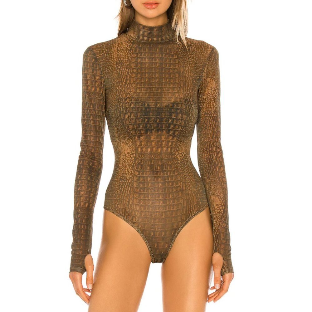 Kenzie 2.0 Reptile Long Sleeve Bodysuit in Brown Croc Print